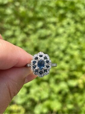 Blue sapphire and Moissanite halo Ring